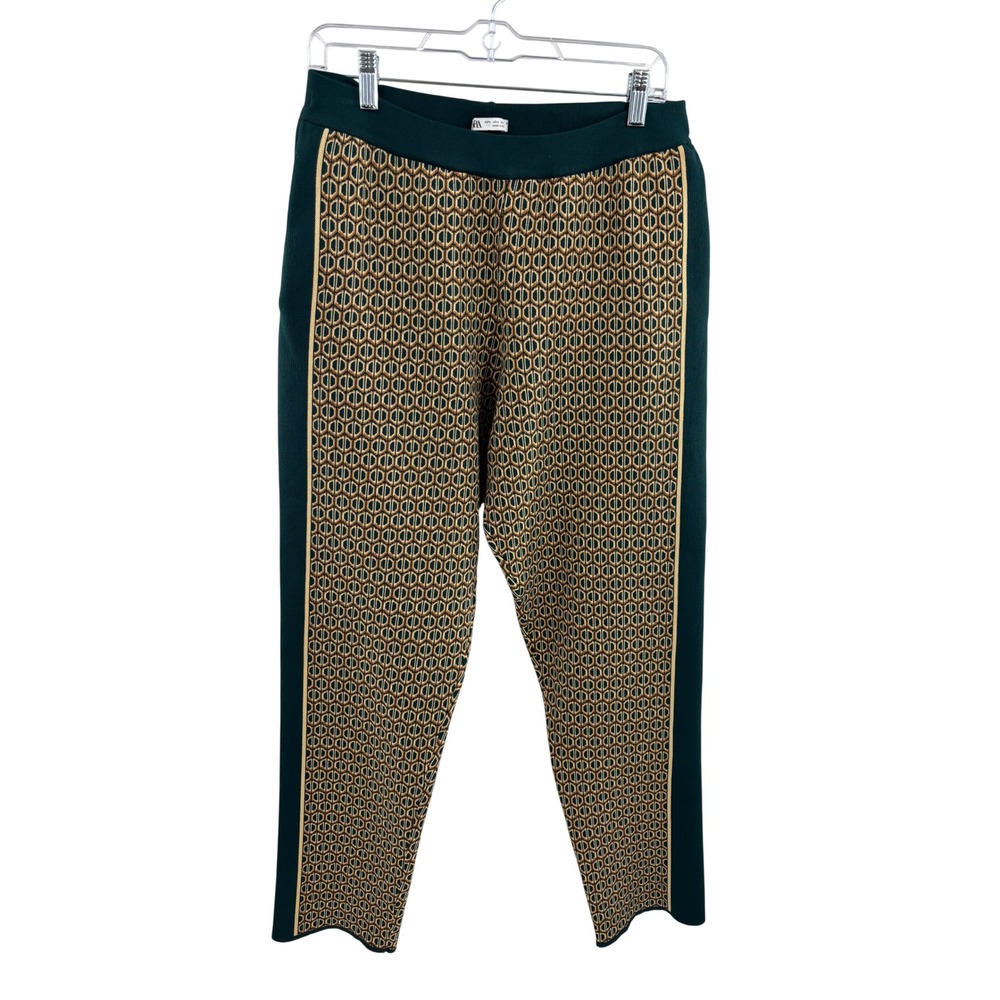 Zara Geometric Print Straight Leg Pants Emerald‎ Green Gold Women Size L